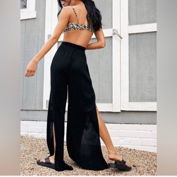 NastyGal Black Eco Vero Viscose Crinkle Split Leg Cover Up Pants - Picture 3 of 5